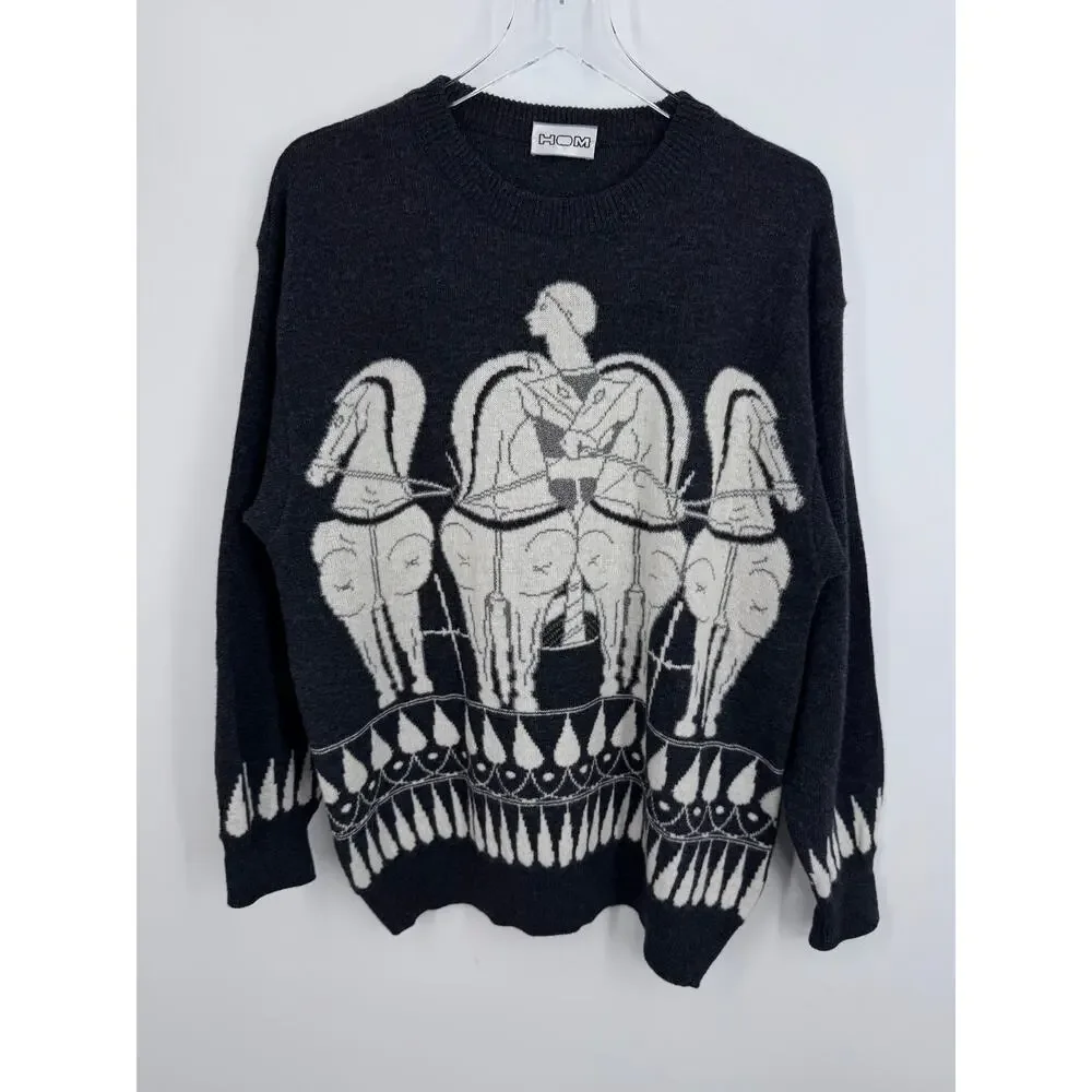 HOM sweater XL lambswool crew pullover equestrian horse chariot Italy gray white